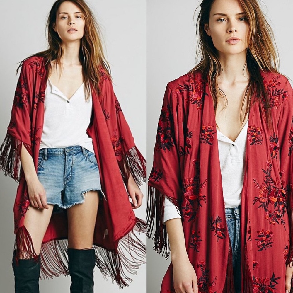 Free People Embroidered Fringe Kimono M/L